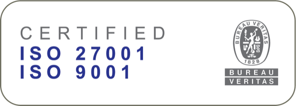 Certified ISO 27001 and ISO 9001 &mdash; Bureau Veritas certification mark
