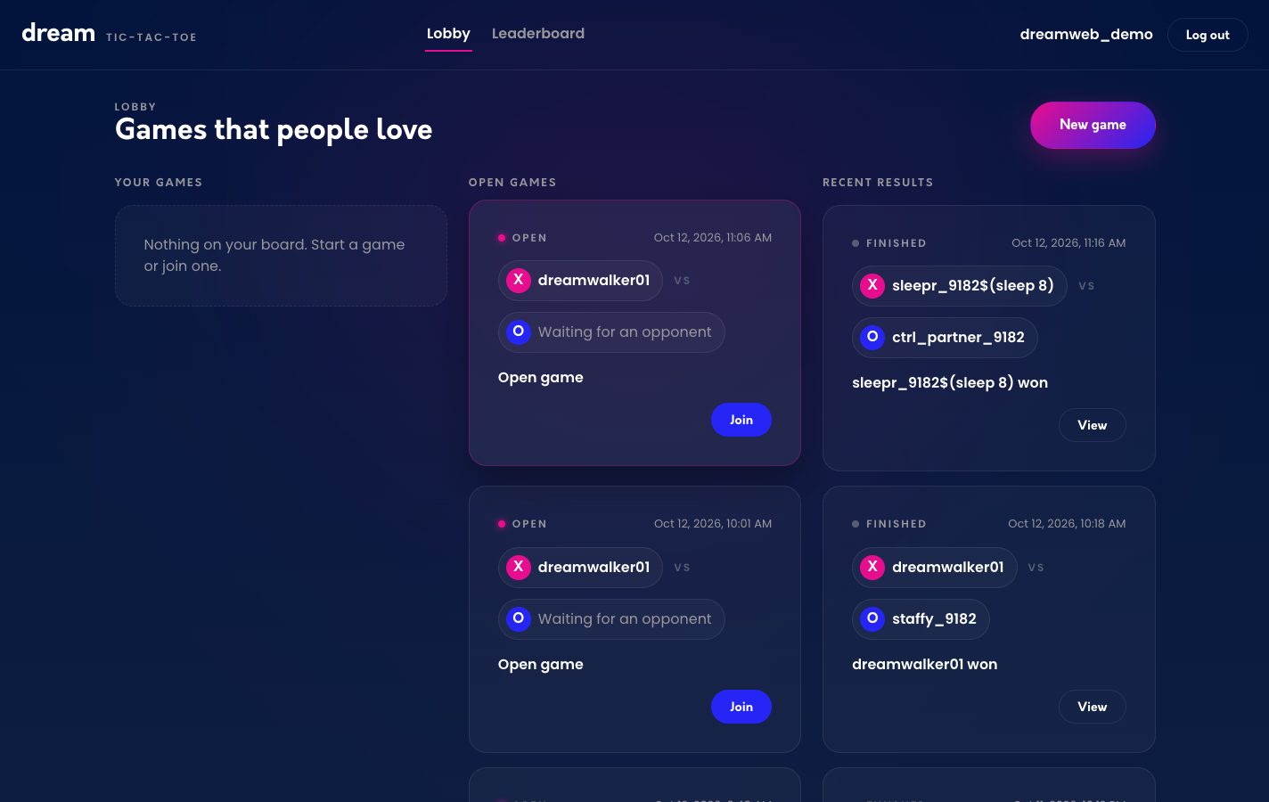 The Deep tic-tac-toe game lobby, showing open games and recent results